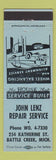 Matchbook Cover - John Lenz Repair Service auto Battle Creek MI BLUE