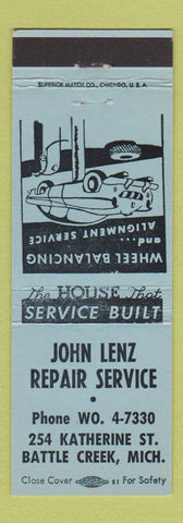 Matchbook Cover - John Lenz Repair Service auto Battle Creek MI BLUE