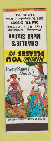 Matchbook Cover - Charlie's Mobil oil gas Sayre PA hillbilly