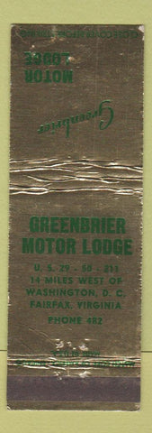 Matchbook Cover - Greenbrier Motor Lodge Fairfax VA