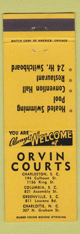 Matchbook Cover - Orvin Courts Charleston Columbia Greenville SC