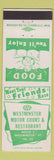 Matchbook Cover - Westminster Motor Court Restaurant VT low phone #