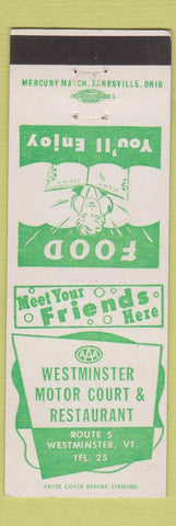 Matchbook Cover - Westminster Motor Court Restaurant VT low phone #