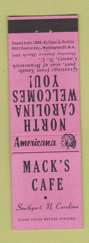 Matchbook Cover - Mack's Cafe Southport NC Perkins Americana