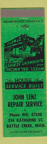 Matchbook Cover - John Lenz Repair Service auto Battle Creek MI GREEN