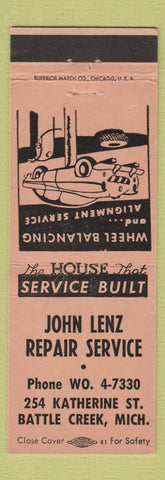 Matchbook Cover - John Lenz Repair Service auto Battle Creek MI PEACH