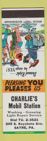 Matchbook Cover - Charlie's Mobil oil gas Sayre PA hillbilly