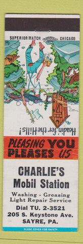 Matchbook Cover - Charlie's Mobil oil gas Sayre PA hillbilly