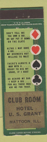 Matchbook Cover - Hotel US Grant Club Room Mattoon IL