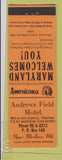 Matchbook Cover - Andrews Field Motel Upper Marlboro MD Perkins Americana