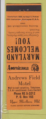Matchbook Cover - Andrews Field Motel Upper Marlboro MD Perkins Americana