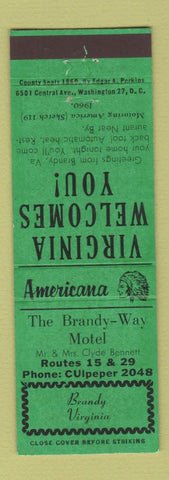 Matchbook Cover - Brandy Way Motel Brandy VA Perkins Americana GREEN