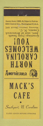 Matchbook Cover - Mack's Cafe Southport NC Perkins Americana YELLOW