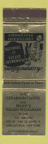 Matchbook Cover - Cedarhurst Motel Benny's Italian Restaurant Lake George NY
