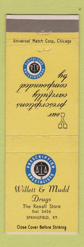 Matchbook Cover - Willett and Mudd Drugs Rexall Springfield KY low phone #