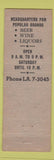 Matchbook Cover - Freddie Moor Beverage Shop Newton MA