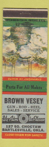 Matchbook Cover - Brown Vesey Gun Rod Fishing Reel Barlesville OK