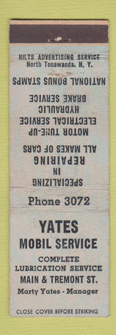 Matchbook Cover - Yates Mobil oil gas Tonawanda NY low phone # WEAR