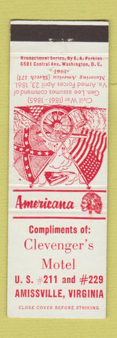 Matchbook Cover - Clevenger's Motel Amissville VA Perkins Americana Civil War