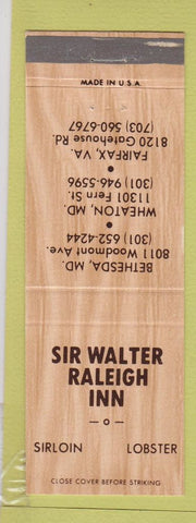 Matchbook Cover - Sir Walter Raleigh Inn Fairfax VA Bethesda Wheaton MD