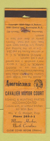 Matchbook Cover - Cavalier Motor Court Manns Harbor NC Perkins Americana WORN