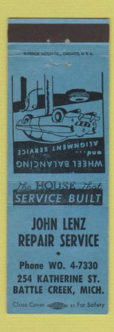 Matchbook Cover - John Lenz Auto Repair Battle Creek MI BLUE