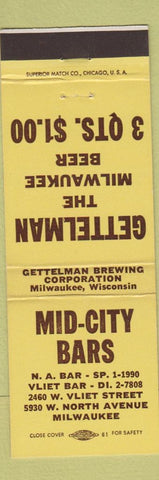 Matchbook Cover - Mid City Bars Milwaukee WI Gettelman Beer