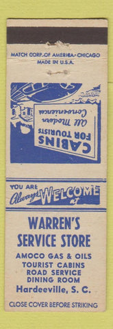 Matchbook Cover - Warren's Amoco oil gas Hardeeville SC motel