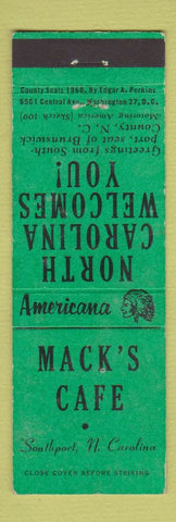Matchbook Cover - Mack's Cafe Southport NC Perkins Americana GREEN