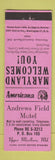 Matchbook Cover - Andrews Field Motel Upper Marlboro MD Perkins Americana PINK