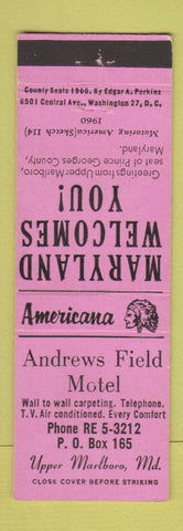 Matchbook Cover - Andrews Field Motel Upper Marlboro MD Perkins Americana PINK