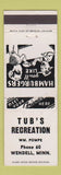 Matchbook Cover - Tub's Recreation Wendell MN low phone # hamburgers