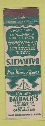 Matchbook Cover - Balbach's Cafe Restaurant Keansburg NJ WEAR Wilmington DE
