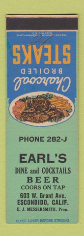 Matchbook Cover - Earl's Restaurant Escondido CA SAMPLE 1950