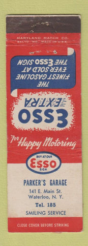 Matchbook Cover - Parker's Garage Esso oil gas Waterloo NY low phone # WEAR