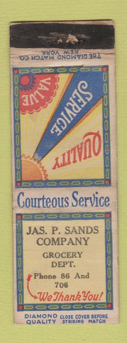 Matchbook Cover - Jas P Sands Grocery low phone # DQ WORN
