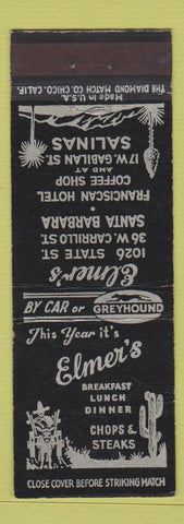Matchbook Cover - Elmer's Restaurant Salinas Santa Barbara CA Greyhound Bus