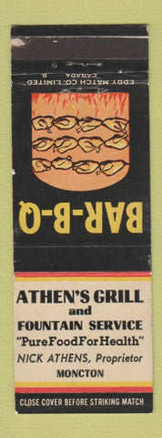 Matchbook Cover - Athen's Grill Moncton NB BBQ WEAR