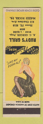 Matchbook Cover - Rudy's Grill McKees Rocks PA pinup girlie back
