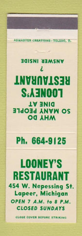 Matchbook Cover - Looney's Restaurant Lapeer MI