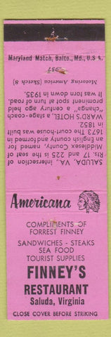Matchbook Cover - Finney's Restaurant Saluda VA Perkins Americana WEAR