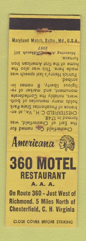 Matchbook Cover - 360 Motel Restaurant Chesterfield Court House VA WORN