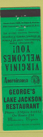 Matchbook Cover - George's Lake Jackson Restaurant Manassas VA Perkins Americana