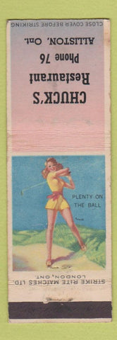 Matchbook Cover - Chuck's Restaurant Alliston ON pinup low phone # WEAR