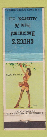 Matchbook Cover - Chuck's Restaurant Alliston ON pinup low phone #