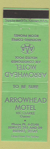 Matchbook Cover - Arrowhead Motel Burnet TX GREEN