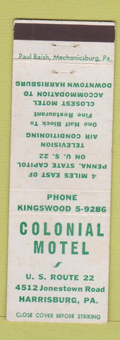 Matchbook Cover - Colonial Motel Harrisburg PA