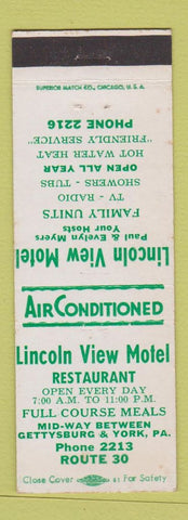 Matchbook Cover - Lincoln View Motel between Gettysburg York PA low phone WEAR