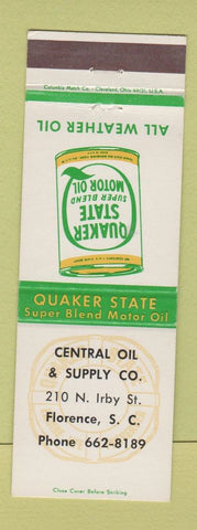 Matchbook Cover - Quaker State oil gas Florence SC