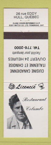 Matchbook Cover - Restaurant Columbo Hull QC Peter Falk TV show